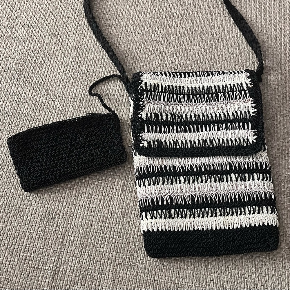 Carlo D'Santi Crossbody Bag Crocheted Purse W/ Wallet Natural Black Stripe